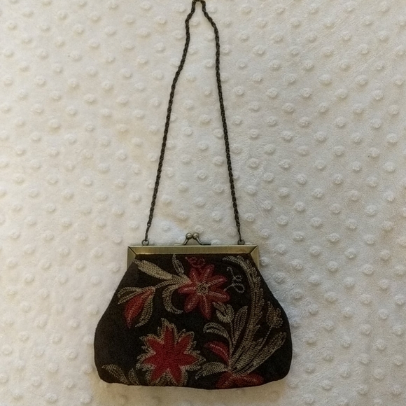 Brown Floral Embroidered Mini Purse with Chain - Picture 1 of 2